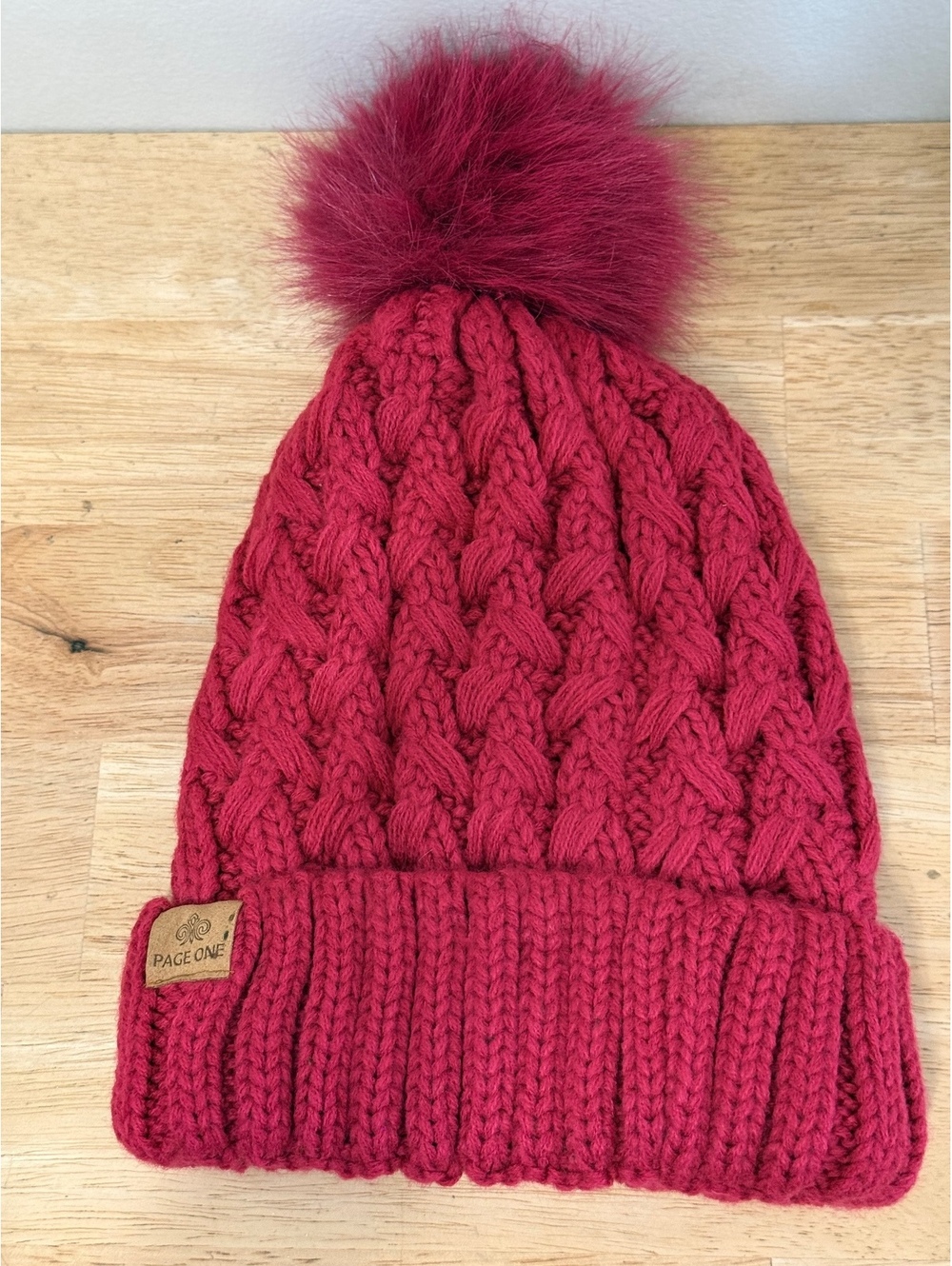 Page One Red Cable Knit Beanie with Faux Fur Pom Pom